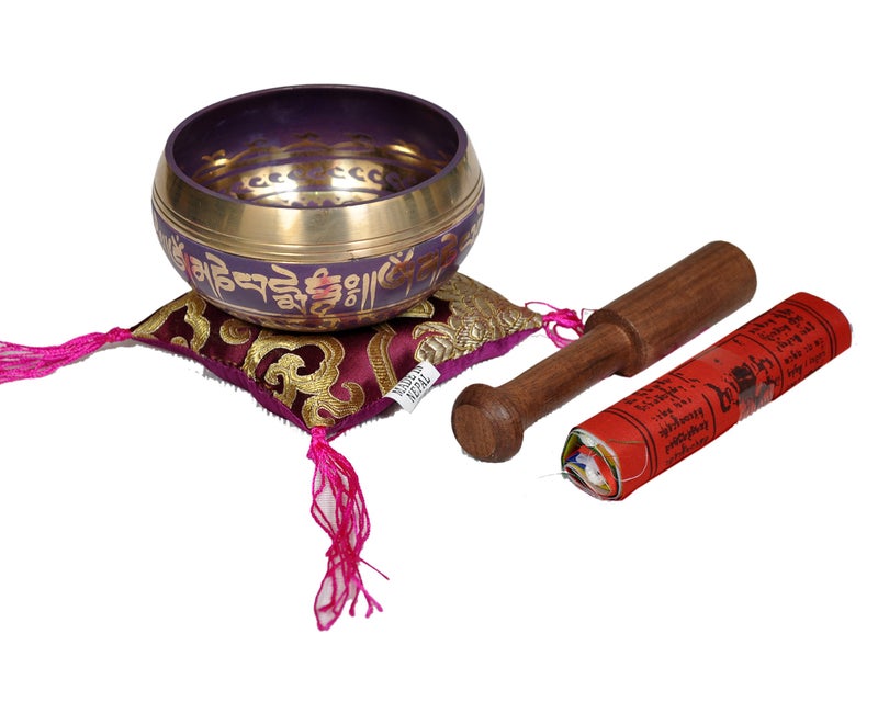Dharma Store Tibetan Singing Bowl Set By Dharma Store - With Traditional Design Tibetan Buddhist Prayer Flag - Handmade in Nepal (Purple) - Image 1